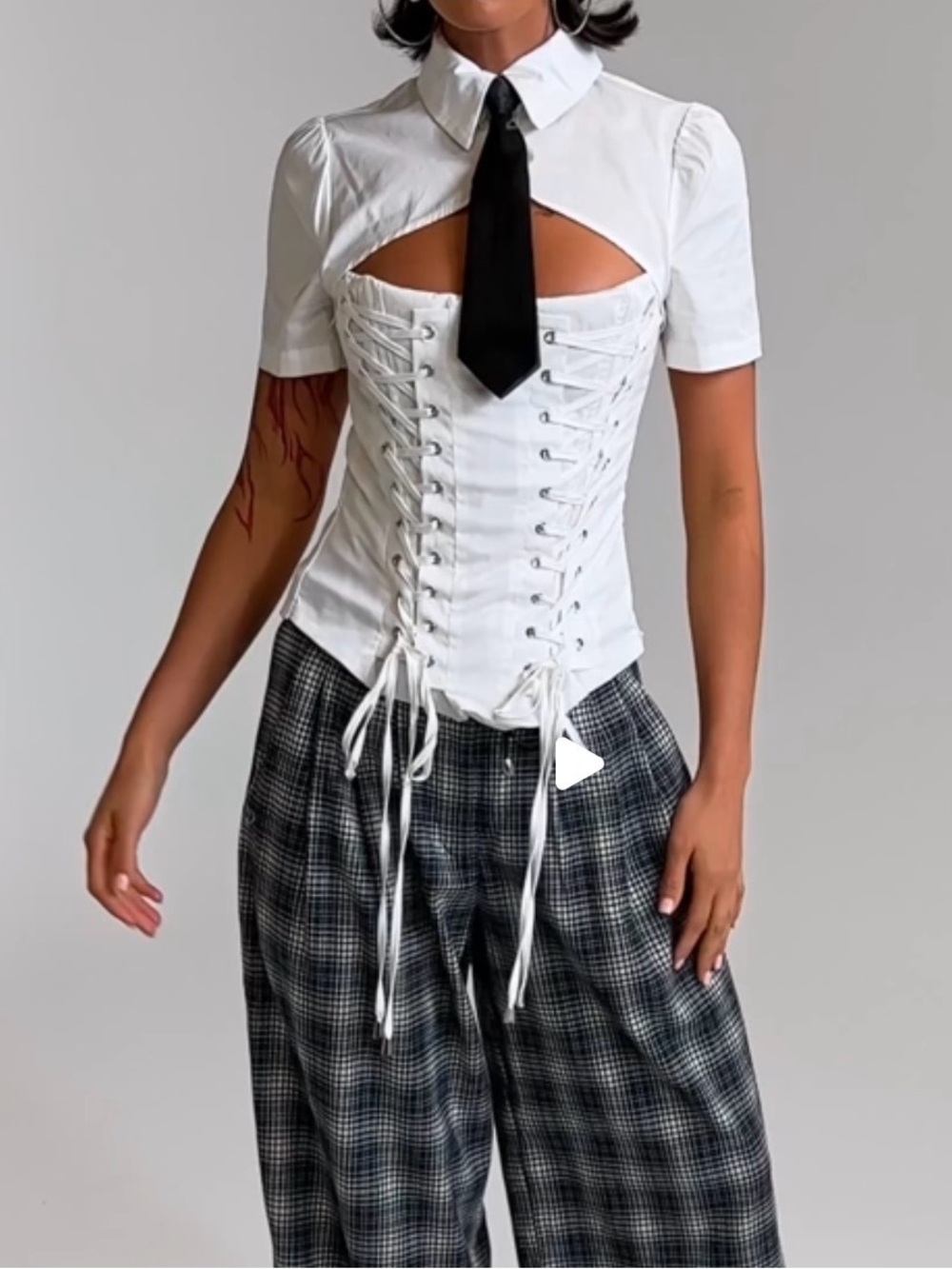 White Lace-Up Cutout Corset Shirt with Tie